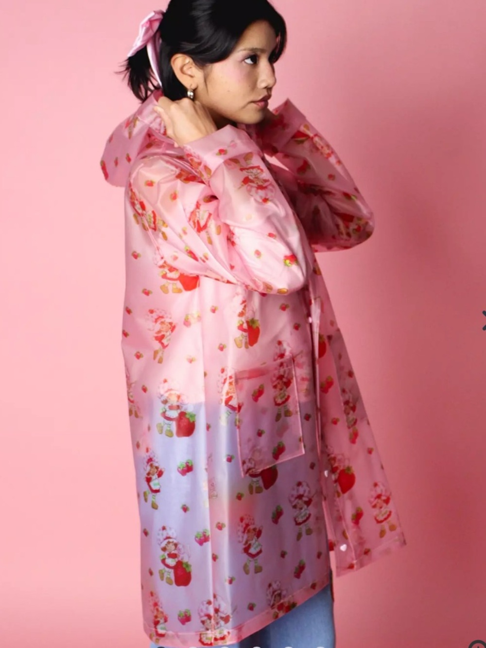 Pink Strawberry Short Cake Print Transparent Hooded Raincoat (i184) - Picture 2 of 13